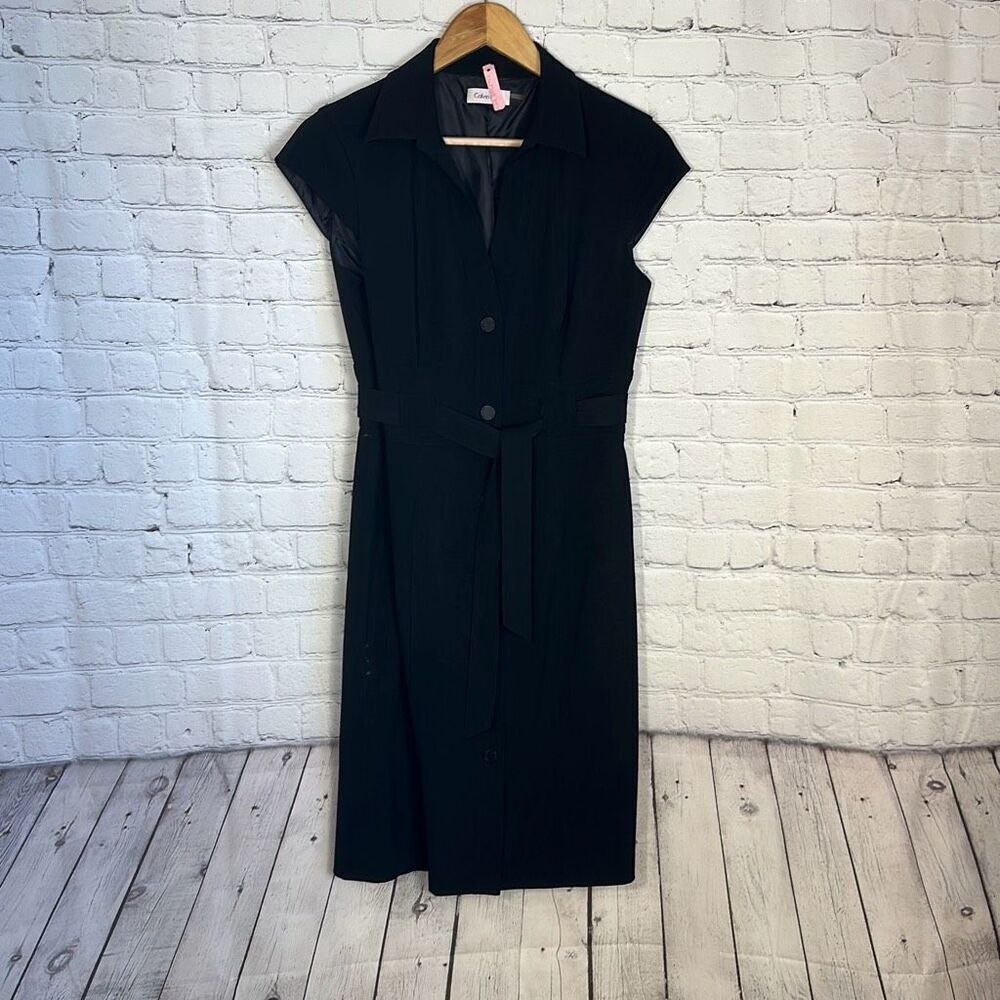 Calvin Klein Button Down Belted Black Dress Cap Sleeves Size 6